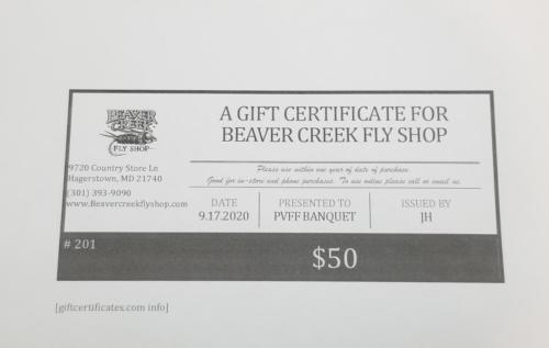 Beaver Creek Fly Shop gift certificate donated by Paul Murphy