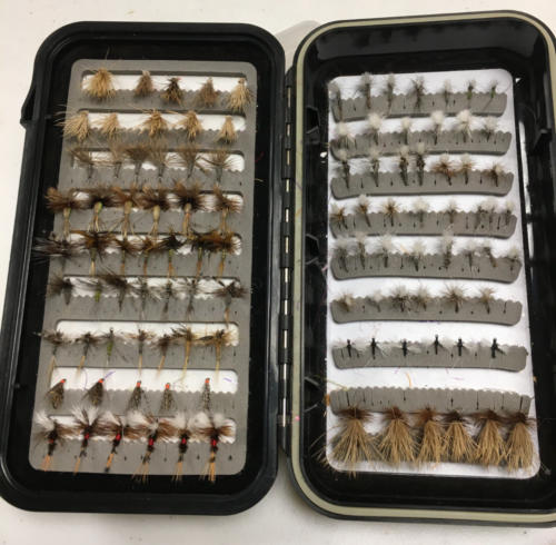 Fly box with 10 dozen hand tied trout flies donated by Don Fine. 