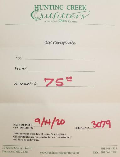 Hunting Creek Outfitters gift certificate donated by Owen Davis